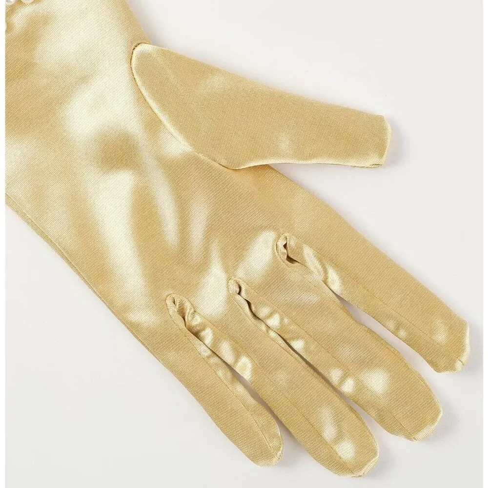 Women's Gold Satin Pearl Short Length Wrist Gloves Wedding Banquet Party Prom